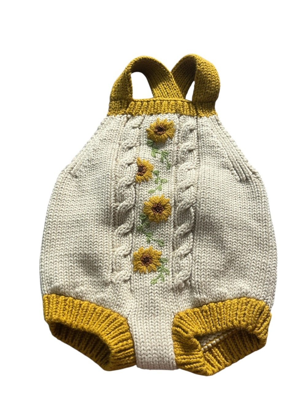 Rare Wild Wawa Hand-Knit Nude and Mustard Sunflower Baby Romper Size 6-12 Months